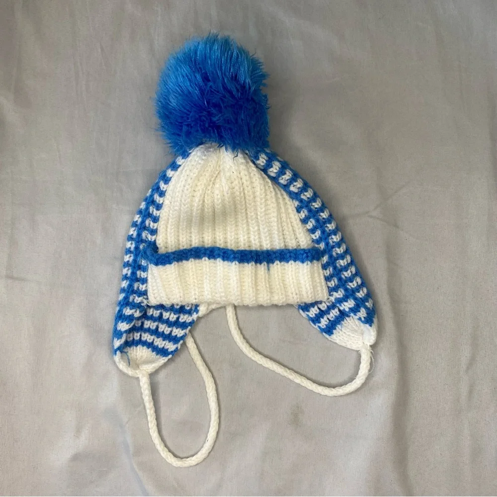 Vintage Kmart Children’s Winter Knit Ski Hat With‎ Pom Blue White 1980s